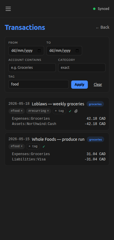 Transaction list with tag:food filter applied — two of four mock-fixture rows pass