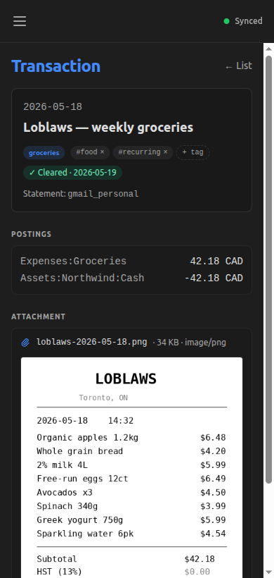 Transaction detail view with the Loblaws receipt rendered inline via object URL