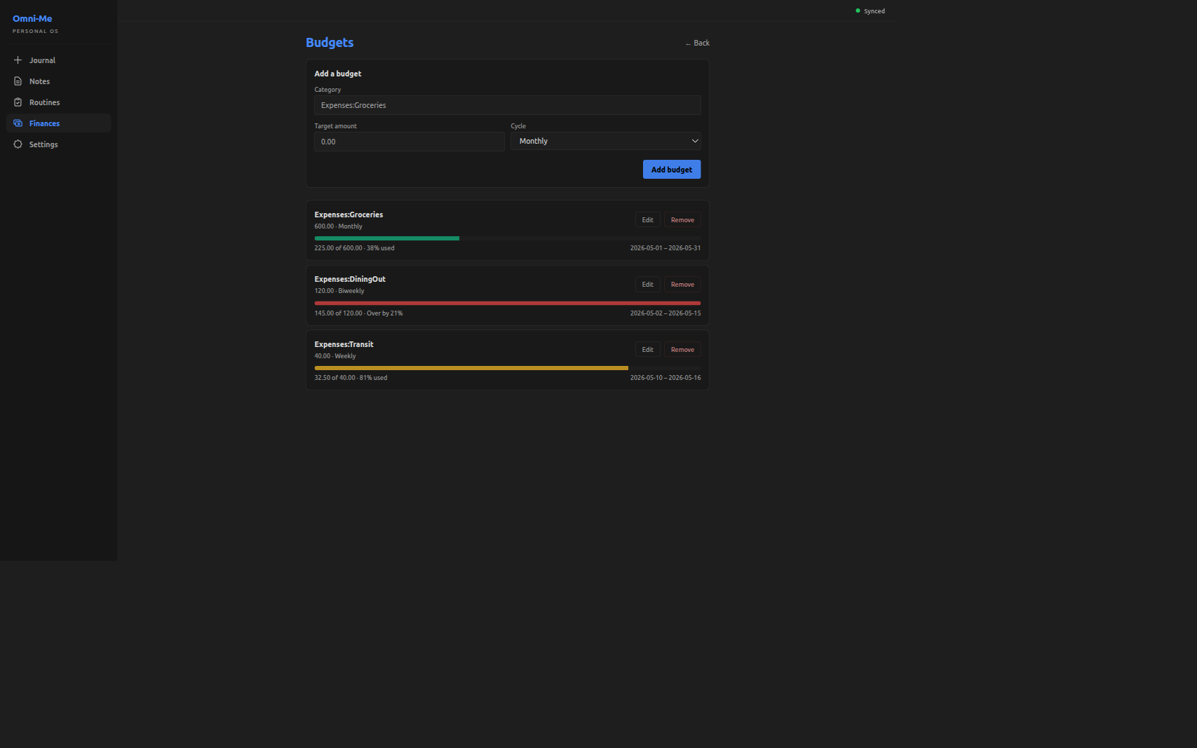 The Budgets screen with the add-budget form at the top and three saved budgets below — green, red, and amber progress bars showing the three color bands.