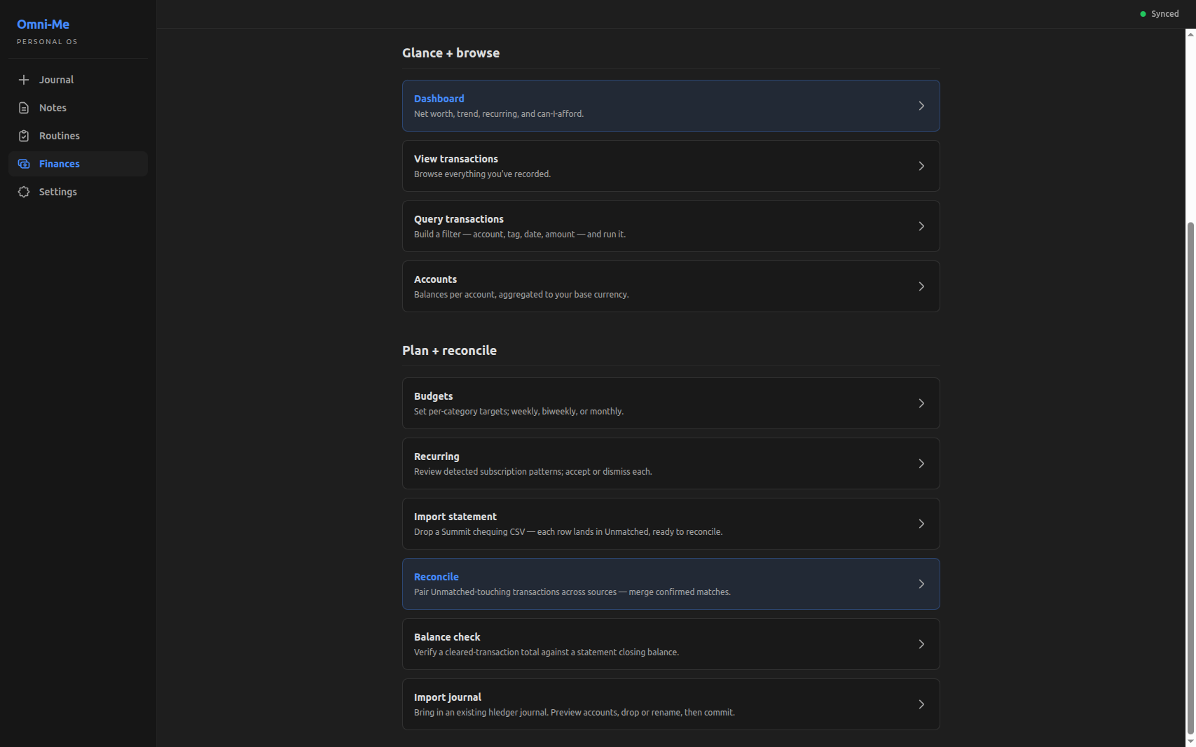 The Finances home scrolled to the Plan + reconcile section, with Budgets listed alongside Recurring, Import statement, and the other reconcile entries.