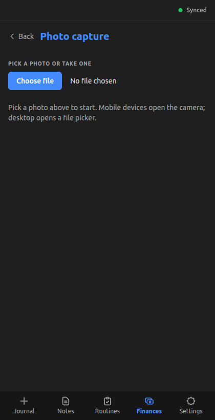 Photo capture idle state with file picker