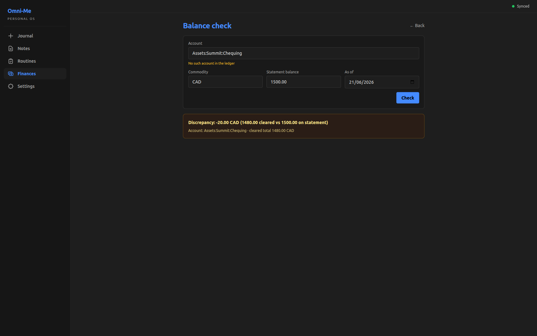 The Balance check form filled in for Assets:Summit:Chequing with a statement balance of 1500.00 CAD; below, an amber verdict card reads "Discrepancy: -20.00 CAD (1480.00 cleared vs 1500.00 on statement)".