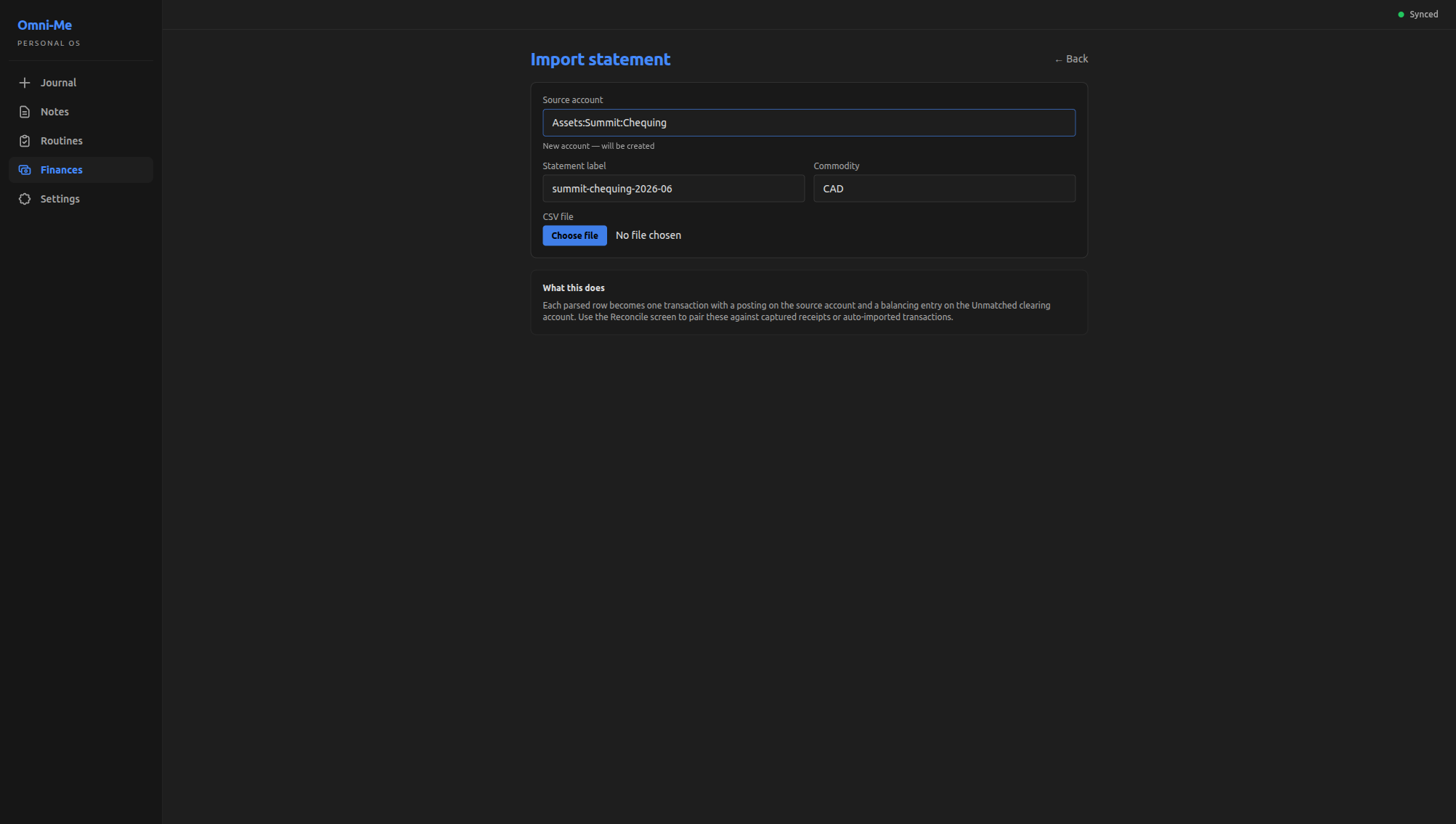 The Import statement form with Source account, Statement label, and Commodity fields plus a CSV file picker; below sits a "What this does" explainer paragraph.